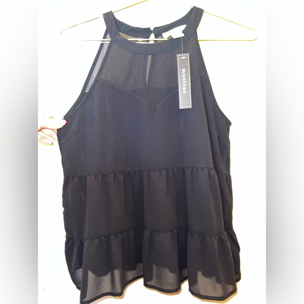 Monteau Black Tiered Chiffon Halter Tank Top Small NWT Sheer Back - Picture 5 of 6